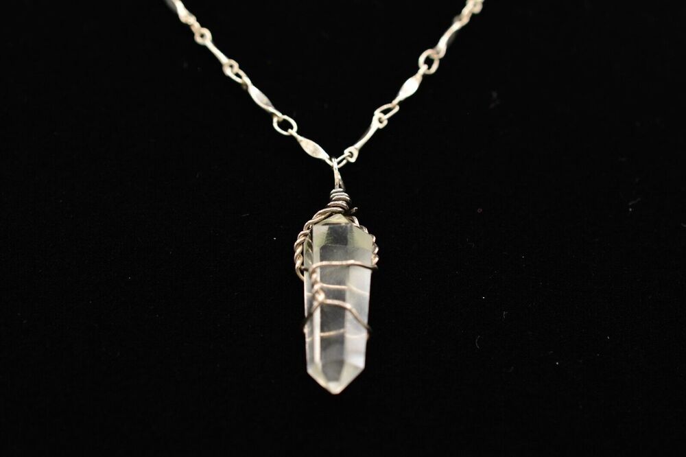 Vintage Crystal Pendant Necklace Clear Silver Tone Geode Cut 1980s Bin2C